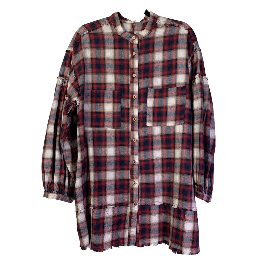 EASEL Shirt Dress Medium Plaid Flannel Drop Shoulder‎ Balloon Sleeve Raw Hem